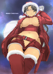 Rule 34 | 1girl, alternate costume, belt, black hair, blush, boots, braid, breasts, breasts apart, breasts out, brown eyes, christmas, cleavage, fur trim, glasses, gloves, hat, hoshina tomoko, jacket, large breasts, long hair, looking at viewer, merry christmas, midriff, navel, no bra, no panties, open clothes, open jacket, outdoors, pussy, pussy peek, red gloves, sack, santa costume, santa hat, short shorts, shorts, single braid, sky, solo, star (symbol), thighhighs, to heart, to heart (series), tsuina, unzipped, weapon, zipper, zipper pull tab