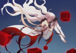 Rule 34 | 1girl, absurdres, ahoge, bare shoulders, blue background, closed eyes, closed mouth, cube, floating, fur collar, genshin impact, hair between eyes, hair flowing over, highres, hugging own legs, long hair, scarf, simple background, sky, solo, unknown god (genshin impact), waist cape, white hair, wodexiaoshaoyeyo