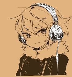Rule 34 | 1girl, androgynous, character request, closed mouth, fur trim, gender request, greyscale, headphones, jacket, looking at viewer, monochrome, mota, original, short hair, simple background, skullcandy, solo