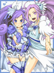 Rule 34 | 2girls, blue eyes, blue hair, blue skirt, blue thighhighs, boots, bracelet, breasts, brooch, choker, color connection, cosplay, costume switch, crossover, cure beat, cure diamond, dokidoki! precure, dress, earrings, frills, hair ornament, heart, heart brooch, hishikawa rikka, jewelry, kasetsu, kurokawa eren, long hair, looking at viewer, magical girl, medium breasts, multiple girls, open mouth, ponytail, precure, purple eyes, purple hair, ribbon, seiren (suite precure), side ponytail, skirt, smile, suite precure, thigh boots, thighhighs