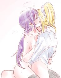 Rule 34 | arms around waist, ayase eli, black legwear, blonde hair, blush, bottomless, collarbone, e len, ear licking, closed eyes, groin, highres, licking, long hair, love live!, love live! school idol project, no panties, nude, partially undressed, ponytail, purple hair, sitting, sitting on lap, sitting on person, sweat, thighhighs, tojo nozomi, trembling, white background, yuri