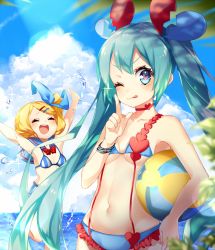Rule 34 | 2girls, ;p, aqua eyes, aqua hair, arms up, ball, beach, beachball, bikini, blonde hair, blue bow, blue collar, blue sky, blurry, blurry foreground, bow, bracelet, broken heart, carrying, carrying under arm, cloud, collar, commentary, day, hair bow, hair ornament, hairclip, hatsune miku, heart, heart bikini, heart hair ornament, heart in eye, index finger raised, jewelry, kagamine rin, leg up, long hair, matatabi dango, multiple girls, navel, ocean, one eye closed, open mouth, outdoors, outstretched arms, palm tree, sailor collar, short hair, sky, smile, splashing, striped bikini, striped clothes, swept bangs, swimsuit, symbol in eye, tongue, tongue out, tree, twintails, v-shaped eyebrows, very long hair, vocaloid