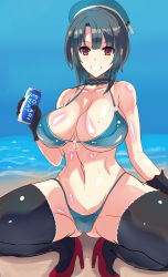 Rule 34 | 10s, 1girl, bikini, black gloves, black hair, breasts, gloves, hat, highres, kantai collection, large breasts, moriya, pocari sweat, red eyes, short hair, solo, swimsuit, takao (kancolle)