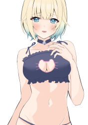 Rule 34 | 1girl, absurdres, aizawa ema, arm at side, bell, black choker, black panties, black shirt, blonde hair, blue eyes, blue hair, blush, breasts, cat cutout, choker, cleavage, cleavage cutout, clothing cutout, collarbone, cowboy shot, cropped shirt, dot nose, furrowed brow, gradient hair, hand on own chest, highres, large breasts, looking at viewer, multicolored hair, nakano kura, navel, neck bell, open mouth, panties, shirt, short hair, simple background, sleeveless, sleeveless shirt, smile, solo, stomach, underwear, virtual youtuber, vspo!, white background