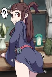 Rule 34 | 10s, 1girl, ?, ass, ass shake, blunt bangs, book, brown hair, commentary request, curtains, dress, flower, hood, indoors, kagari atsuko, little witch academia, long hair, long sleeves, looking at viewer, looking back, mirror, red eyes, sidelocks, smile, solo, table, thought bubble, uganda (ugandam 00), wide sleeves, window