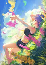 Rule 34 | 1girl, absurdres, cloud, crop top, earrings, flower, grass, green eyes, highres, hololive, jewelry, lying, midriff, mr.lime, on back, open mouth, outdoors, outstretched arm, pointy ears, profile, purple hair, shorts, sky, solo, tokoyami towa, tokoyami towa (1st costume), virtual youtuber