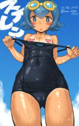 Rule 34 | 1girl, 2017, blue eyes, blue hair, blush, breasts, cloud, covered erect nipples, creatures (company), dated, day, flat chest, game freak, goggles, goggles on head, heart pasties, highres, imazon, lana (pokemon), looking at viewer, nintendo, one-piece swimsuit, open mouth, pasties, pokemon, pokemon (anime), pokemon sm, pokemon sm (anime), short hair, sky, solo, swimsuit, twitter username, undressing, wet