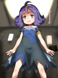 Rule 34 | 1girl, :3, acerola (pokemon), alternate color, bare shoulders, blush, child, closed mouth, creatures (company), dress, e10, elite four, flat chest, from below, game freak, hair ornament, looking at viewer, looking down, nintendo, pokemon, pokemon sm, purple eyes, purple hair, shiny skin, solo, standing, torn clothes, torn dress, trial captain