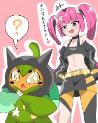 Rule 34 | 2girls, :&gt;, :3, ?, artist request, black eyes, black hair, black shirt, black sleeves, blush, creatures (company), crop top, fang, game freak, gen 9 pokemon, heart, highres, legendary pokemon, long hair, long sleeves, looking at another, looking back, midriff, multicolored hair, multiple girls, navel, nintendo, ogerpon, open mouth, pink hair, pokemon, pokemon (anime), pokemon horizons, coral (pokemon), shirt, smile, smug, stomach, translation request, two-tone hair
