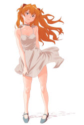 Rule 34 | 1girl, aoico blue8, bare arms, bare legs, bare shoulders, blue eyes, breasts, brown hair, choker, cleavage, closed mouth, collarbone, dress, floating clothes, floating hair, legs, long hair, looking at viewer, neon genesis evangelion, see-through, see-through dress, souryuu asuka langley, standing, thighs, twintails, wide hips