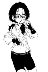Rule 34 | 1girl, dragon ball, dragonball z, fenyon, fingernails, glasses, highres, official art, selfie, solo, tagme, taking picture, tomboy, top pull, toriyama akira (style), training shorts, twintails, videl