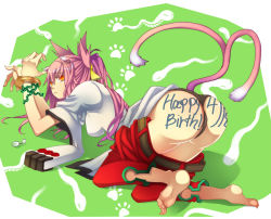 Rule 34 | 1girl, all fours, animal ears, arc system works, ass, bad id, bad pixiv id, barefoot, belt, birthday, black panties, blazblue, body writing, bracelet, cat ears, cat girl, cat tail, clothes pull, covered erect nipples, feet, female focus, happy birthday, jewelry, kokonoe (blazblue), lab coat, long hair, looking back, multiple tails, noran, orange eyes, panties, pants, pants pull, pink hair, ponytail, ribbon, slit pupils, soles, solo, tail, toes, underwear, yellow eyes, yellow ribbon