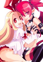Rule 34 | 2girls, bare shoulders, belt, blonde hair, buckle, choker, demon girl, demon tail, disgaea, earrings, elbow gloves, etna (disgaea), fang, flonne, flonne (fallen angel), gloves, holding hands, isiko1121, jewelry, leotard, long hair, looking at viewer, midriff, multiple girls, navel, nippon ichi, open mouth, pointy ears, red eyes, red hair, red leotard, short shorts, short twintails, shorts, skull, tail, thighhighs, tongue, tongue out, twintails, wings