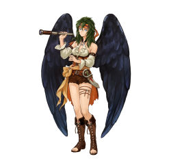 Rule 34 | 1girl, absurdres, bare shoulders, belt, blue eyes, boots, breasts, collarbone, commentary, cross-laced footwear, dagger, feathered wings, fire emblem, fire emblem: radiant dawn, fire emblem heroes, green hair, halterneck, headband, highres, holding, knee boots, knife, lace-up boots, long hair, looking at viewer, medium breasts, nintendo, o-ring, official art, shorts, simple background, sleeveless, solo, spyglass, standing, toeless footwear, toes, uroko (mnr), vika (fire emblem), weapon, white background, wings