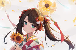 Rule 34 | 1girl, absurdres, aqua eyes, blush, brown hair, closed mouth, flower, hair flower, hair ornament, hair ribbon, hands up, highres, holding, holding flower, hololive, japanese clothes, kimono, long hair, looking at viewer, mizuhiki, multicolored clothes, multicolored kimono, oozora subaru, oozora subaru (new year), petals, red ribbon, ribbon, shyi, simple background, smile, solo, sunflower, tassel, twintails, upper body, virtual youtuber, white background, wind chime, yellow flower
