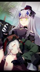 Rule 34 | 2girls, angry, assault rifle, closed eyes, couch, frown, g11 (girls&#039; frontline), g11 (mod3) (girls&#039; frontline), girls&#039; frontline, gloves, goggles, goggles on head, green eyes, green jacket, grey hair, gun, hair ornament, hat, highres, hk416 (girls&#039; frontline), hk416 (mod3) (girls&#039; frontline), indoors, jacket, lap pillow, looking at another, looking down, lying, mineta naoki, multiple girls, on couch, on side, rifle, saliva, sitting, sleeping, teardrop facial mark, twitter username, weapon