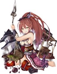 Rule 34 | 1girl, bare shoulders, blush, breasts, brown hair, full body, hair ornament, holding, holding polearm, holding spear, holding weapon, iwamura (oshiro project), large breasts, looking at viewer, official art, open mouth, oshiro project:re, oshiro project:re, polearm, ponytail, red thighhighs, seiza, sideboob, sitting, solo, spear, taicho128, thighhighs, torn clothes, transparent background, weapon, yellow eyes