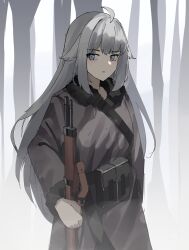 Rule 34 | 1girl, absurdres, ahoge, blue eyes, bolt action, codename: bakery girl, dress, fur-trimmed dress, fur-trimmed sleeves, fur trim, gar32, grey dress, grey hair, gun, highres, holding, holding gun, holding weapon, jefuty (bakery girl), long hair, long sleeves, looking at viewer, mosin-nagant, parted lips, reverse collapse (series), rifle, solo, standing, very long hair, weapon