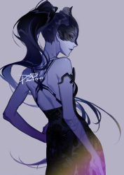 Rule 34 | 1girl, arm at side, armlet, artist name, back tattoo, black dress, black hair, breasts, brown eyes, closed mouth, colored skin, cowboy shot, dated, dress, evening gown, from behind, hand on own hip, long hair, looking back, overwatch, overwatch 1, ponytail, profile, psd, purple background, purple lips, purple skin, see-through, sideboob, signature, simple background, sleeveless, sleeveless dress, small breasts, smile, solo, spider tattoo, standing, tattoo, upper body, very long hair, widowmaker (overwatch)