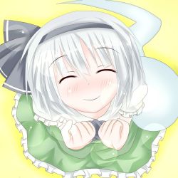 Rule 34 | 1girl, bad id, bad pixiv id, closed eyes, female focus, from above, hair ribbon, hairband, kmkm9696, konpaku youmu, konpaku youmu (ghost), ribbon, short hair, silver hair, simple background, smile, solo, touhou, yellow background