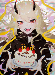 Rule 34 | 1girl, birthday cake, black horns, blonde hair, borrowed character, cake, commentary request, confetti, fangs, food, gift art, hair between eyes, hands up, highres, holding, holding cake, holding food, holding plate, horns, jiz (pffbq), long hair, looking at viewer, open mouth, original, plate, red eyes, solo, upper body, virtual youtuber, white background