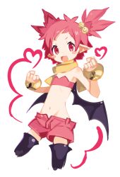 Rule 34 | 1girl, black thighhighs, black wings, demon girl, disgaea, disgaea rpg, flat chest, hanako (disgaea), heart, highres, kasumi koujou, looking at viewer, navel, open mouth, pink hair, pink shorts, red eyes, scarf, shorts, solo, thighhighs, twintails, white background, wings, yellow scarf