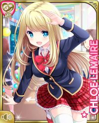 Rule 34 | 1girl, blonde hair, blue eyes, blue jacket, bow, card, character name, chloe lemaire, day, festival, girlfriend (kari), indoors, jacket, long hair, official art, open mouth, plaid, plaid skirt, qp:flapper, red bow, red neckwear, red skirt, school, school uniform, shirt, skirt, smile, solo, tagme, white shirt