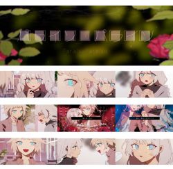 Rule 34 | 2girls, aqua eyes, black shirt, blue eyes, blurry, blurry background, braid, cevio, commentary, danjou sora, flower, furrowed brow, hair flaps, jacket, kizuna akari, leaf, long hair, looking at another, lyrics, multiple girls, multiple views, one (cevio), open mouth, own hands together, pink jacket, platinum blonde hair, production art, red flower, shirt, short hair, silver hair, smile, song name, tears, twin braids, upper body, very long hair, vocaloid, voiceroid, white shirt