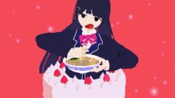 Rule 34 | 1girl, 3d, ai drawing anime characters eating ramen (meme), animated, black eyes, blue hair, bow, bowl, bowtie, cake, dithering, eating, female focus, food, fruit, hair ornament, hairclip, icing, jaggy lines, looping animation, meme, nijisanji, noodles, open mouth, pink bow, pink bowtie, ramen, retro artstyle, saitei yasai corner, solo, strawberry, tsukino mito, video, virtual youtuber