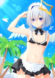 Rule 34 | 1girl, absurdres, alternate costume, amane kanata, apron, armpit peek, asymmetrical hair, bikini, bikini skirt, black bikini, blue hair, blue sky, blush, bob cut, breasts, cleavage, closed mouth, cloud, cloudy sky, coconut tree, colored inner hair, commentary, cowboy shot, day, detached collar, eyes visible through hair, frilled bikini, frills, hair between eyes, halo, highres, hololive, light rays, looking at viewer, maid, maid apron, maid bikini, maid headdress, midriff, multicolored hair, navel, outdoors, palm tree, purple eyes, short hair, silver hair, single hair intake, sky, small breasts, smile, solo, star halo, starkamisan, streaked hair, sunlight, swimsuit, tree, two-tone hair, unconventional maid, underboob, virtual youtuber
