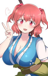 Rule 34 | 1girl, absurdres, breasts, cleavage, coin, commentary, hair bobbles, hair ornament, hashiro fumi, heart, highres, large breasts, looking at viewer, obi, onozuka komachi, red eyes, red hair, sash, short hair, short sleeves, simple background, solo, touhou, two side up, upper body, v, white background