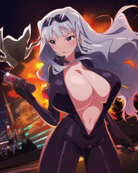 Rule 34 | 1girl, biker clothes, bikesuit, blunt bangs, bodysuit, breasts, building, cleavage, coat, commentary request, explosion, eyewear on head, unworn eyewear, gluteal fold, holding, holding removed eyewear, huge breasts, idol heroes (idolmaster), idolmaster, idolmaster (classic), kumako (kumakonoh), latex, latex bodysuit, legs apart, long hair, looking to the side, navel, night, night sky, no bra, open bodysuit, open clothes, parted lips, purple eyes, road, shijou takane, silver hair, sky, solo, sunglasses, thick thighs, thighs, third-party source, tree, trench coat, very long hair