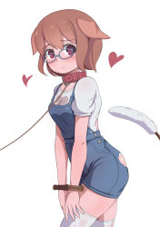 Rule 34 | 1girl, absurdres, animal collar, animal ears, bad id, bad pixiv id, blue-framed eyewear, blush, breasts, brown hair, cat teaser, closed mouth, collar, dog ears, glasses, hair between eyes, heart, heart-shaped pupils, highres, leash, looking at viewer, medium breasts, original, overalls, purple eyes, red collar, shirt, short hair, short sleeves, simple background, solo, surio, sweat, symbol-shaped pupils, thighhighs, torn clothes, torn overalls, torn shirt, torn thighhighs, white background, white shirt