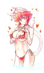 Rule 34 | 1girl, animal ears, bad id, bad pixiv id, bikini, blush, borrowed character, breasts, cat ears, chikuwa (tks), cleavage, heart, heart hands, huge breasts, looking at viewer, navel, original, red bikini, red hair, short hair, simple background, smile, solo, standing, swimsuit, tail, vrco, white background