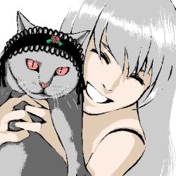 Rule 34 | 00s, 1girl, animal, cat, closed eyes, hairband, lowres, oekaki, pale skin, red eyes, ribbon, rozen maiden, silver hair, simple background, solo, suigintou, whiskers
