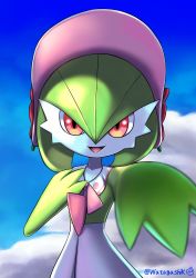 Rule 34 | absurdres, blurry, bonnet, cloud, commentary request, creatures (company), day, flower, game freak, gardevoir, gardevoir (fashionable), gen 3 pokemon, hand up, highres, nintendo, open mouth, outstretched hand, pink headwear, pokemon, pokemon (creature), pokemon unite, red flower, sky, smile, solo, tongue, watagashikn