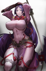 Rule 34 | 1girl, abs, arm guards, armor, black gloves, bodysuit, breasts, cowboy shot, fate/grand order, fate (series), fingerless gloves, gloves, highres, japanese armor, kasei yukimitsu, katana, large breasts, loincloth, long hair, low-tied long hair, minamoto no raikou (fate), muscular, muscular female, parted bangs, purple bodysuit, purple eyes, purple hair, ribbed sleeves, rope, sword, very long hair, weapon