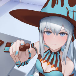 Rule 34 | 1girl, bad id, bad pixiv id, bed, blue eyes, blush, box, box of chocolates, candy, chocolate, chocolate heart, collar, fate/grand order, fate (series), food, gift, giving, grey hair, hat, heart, highres, holding, holding chocolate, holding food, looking at viewer, morgan le fay (fate), morgan le fay (valentine witches) (fate), nail polish, ribbon, solo, spiked collar, spikes, sweets, table, torayotorayomonekonouchi, valentine, witch, witch hat