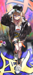 Rule 34 | 1girl, :q, absurdres, arm up, baseball cap, black jacket, blonde hair, blue eyes, blush, breasts, can, clothes writing, collarbone, denim, denim shorts, full body, graffiti, hand in pocket, has bad revision, has downscaled revision, hat, highres, holding, holding can, jacket, jewelry, long hair, looking at viewer, md5 mismatch, medium breasts, mirea, necklace, open clothes, open jacket, original, paint splatter, resolution mismatch, shirt, shoes, short shorts, shorts, sitting, smile, sneakers, socks, solo, source smaller, standing, streetwear, thigh strap, tongue, tongue out, white shirt