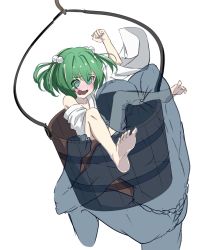 Rule 34 | 1boy, 1girl, @ @, arm up, bare shoulders, barefoot, blush, bucket, collarbone, eha7y, feet, green eyes, green hair, hair bobbles, hair ornament, highres, kisume, nose blush, off shoulder, open mouth, robe, simple background, tearing up, toes, touhou, two side up, wavy mouth, white background, white robe, x-ray