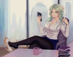 Rule 34 | 1girl, black pantyhose, blouse, book, book stack, breasts, cellphone, cigarette, cleavage, closed mouth, coffee mug, collared shirt, cup, feet on table, female focus, fire emblem, fire emblem: three houses, flower, green eyes, green hair, hair flower, hair ornament, high heels, highres, holding, holding phone, large breasts, long hair, long sleeves, matching hair/eyes, mug, nintendo, office, office lady, pantyhose, phone, rhea (fire emblem), shirt, solo, white footwear, white shirt