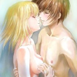Rule 34 | 00s, 1boy, 1girl, blonde hair, blush, breasts, brother and sister, cagalli yula athha, completely nude, closed eyes, gundam, gundam seed, happy, hetero, incest, kira yamato, lowres, nipples, nude, short hair, siblings