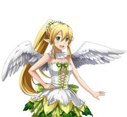 Rule 34 | 1girl, :d, angel wigns, blonde hair, blush, bow, braid, breasts, choker, cleavage, dress, feathered wings, frilled dress, frills, green eyes, hair bow, hair ornament, hand on own hip, large breasts, layerered dress, leafa, long hair, open mouth, pointy ears, smile, solo, standing, strapless, strapless dress, sword art online, transparent background, twin braids, very long hair, white wings, wings