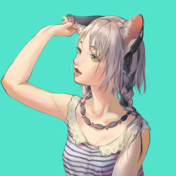 Rule 34 | 1girl, animal ears, aqua background, black hair, braid, breasts, cat ears, collarbone, colored eyelashes, earrings, fangs, fish, fish hair ornament, green eyes, hair ornament, hair tie, hand up, holding ears, jewelry, long hair, looking away, multicolored hair, necklace, open mouth, original, paw print, silver hair, sleeveless, small breasts, solo, striped, tunapon01, twin braids, twintails, upper body