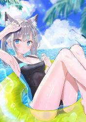 Rule 34 | 1girl, absurdres, animal ear fluff, animal ears, black one-piece swimsuit, blue archive, blue eyes, blue sky, blurry, breasts, clothes pull, cloud, commentary request, competition swimsuit, covered navel, cross hair ornament, day, depth of field, extra ears, feet out of frame, grey hair, hair ornament, halo, highres, horizon, innertube, low ponytail, medium breasts, medium hair, mismatched pupils, multicolored clothes, multicolored swimsuit, ocean, official alternate costume, one-piece swimsuit, one-piece swimsuit pull, outdoors, ria (riamerun), shiroko (blue archive), shiroko (swimsuit) (blue archive), sky, solo, swim ring, swimsuit, water, wolf ears