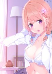 Rule 34 | 1girl, :d, black skirt, blue ribbon, blush, bow, bow bra, bra, braid, breasts, chikuwa., cleavage, collared shirt, commentary request, dress shirt, eyebrows hidden by hair, floor lamp, flower, food, hair flower, hair ornament, hair over shoulder, hair ribbon, hand up, highres, light brown hair, long hair, looking at viewer, low twintails, medium breasts, navel, open clothes, open mouth, open shirt, original, panties, pleated skirt, purple eyes, purple flower, ribbon, shirt, skirt, smile, solo, table, twin braids, twintails, underwear, white bra, white panties, white shirt
