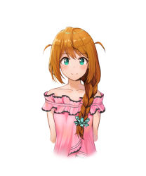 Rule 34 | 1girl, arms behind back, baba konomi, bare shoulders, blush, braid, brown hair, collarbone, commentary, hair between eyes, hair ornament, idolmaster, idolmaster million live!, idolmaster million live! theater days, long hair, looking at viewer, qoray7, simple background, single braid, smile, upper body, white background