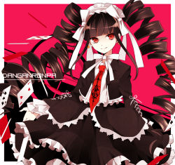 Rule 34 | 10s, 1girl, bad id, bad pixiv id, black hair, bonnet, card, celestia ludenberg, copyright name, danganronpa: trigger happy havoc, danganronpa (series), drill hair, gothic lolita, lolita fashion, long hair, necktie, playing card, red background, red eyes, simple background, smile, solo, twin drills, twintails, uramakaron