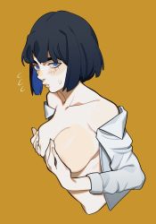 Rule 34 | 1girl, alternate hairstyle, black hair, blouse, blue eyes, bob cut, breasts, collarbone, collared shirt, commentary, covering privates, covering breasts, english commentary, highres, kill la kill, kiryuuin satsuki, looking at viewer, looking to the side, medium breasts, no bra, open clothes, open shirt, parted lips, porqueloin, shirt, short hair, simple background, solo, upper body