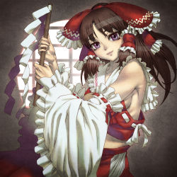 Rule 34 | 1girl, armpits, bare shoulders, bow, breasts, brown hair, chyko7080, detached sleeves, face, female focus, gohei, hair bow, hair tubes, hakurei reimu, japanese clothes, light smile, lips, long hair, looking at viewer, miko, purple eyes, round window, sideboob, small breasts, solo, touhou, wide sleeves, window, window shadow